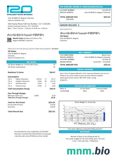 Colombia i2o Water rachunek za usługi komunalne szablon w formacie Word i PDF